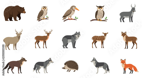 Set of fifteen wild animal and bird icons including bear, deer, wolf, owl, fox, and hedgehog in a realistic flat illustration style.
