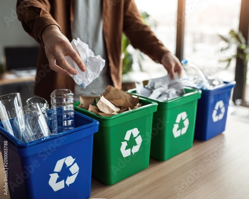 Recyclable Waste Sorting into Colorful Bins Eco Friendly Concept