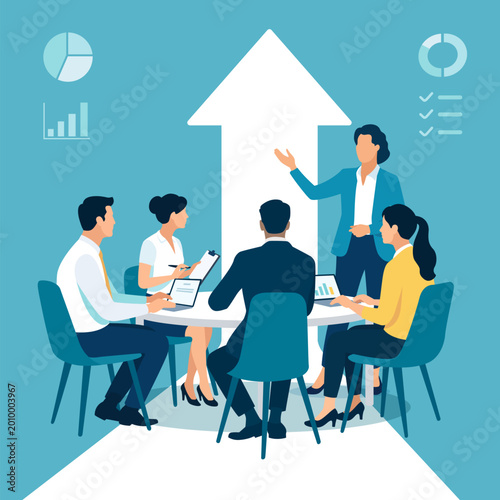 Presentation, vision, strategy. The female leader explains profitable investment opportunity, business plan. Vector illustration