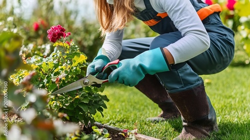 Woman Gardener Pruning Roses with Garden Equipment While Designing a Beautiful Floral Bed Landscape