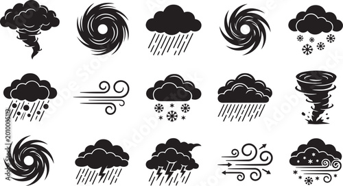 Collection of Weather Icons depicting storms, wind, rain, and snow, illustrating natural weather phenomena