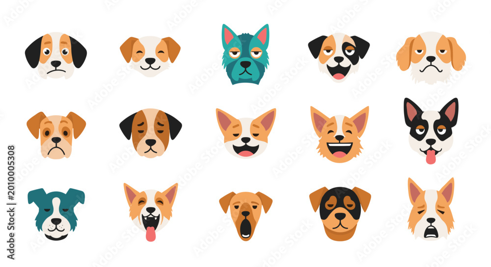 Obraz premium Set of cute cartoon dog faces representing different breeds with various happy, sad, and funny expressions on a white background.