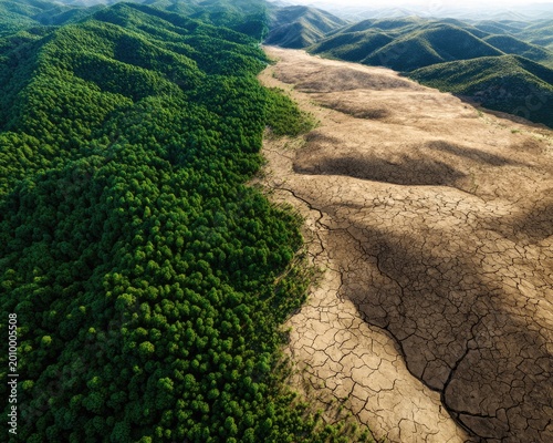 Aerial View Split Land Lush Green vs Dry Climate Change