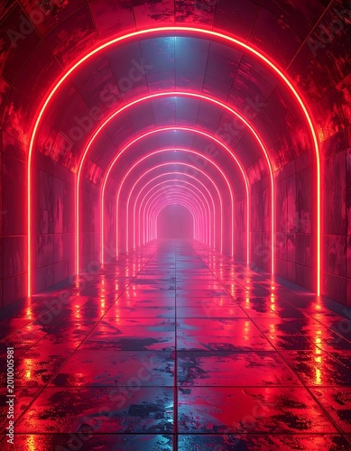 Futuristic Sci Fi Tunnel With Glowing Red Neon Arches And Reflective Floor In A Dark Industrial Interior Cinematic Digital Render