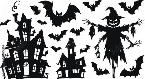 Bild auf Leinwand Halloween silhouettes set with haunted house bats and scarecrow
