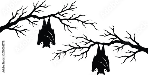 bat silhouettes hanging from bare branches on white background