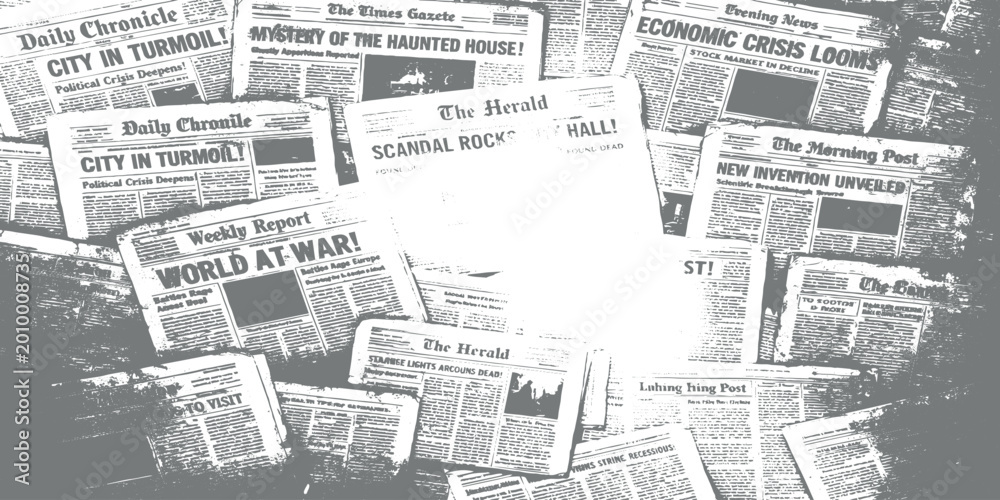 Fototapeta premium Vintage newspaper clippings background with grunge torn paper effect black and white distressed headlines chaotic media collage texture for editorial design