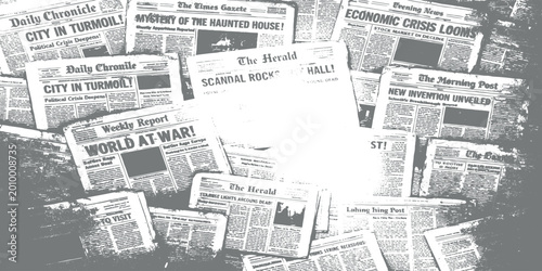 Quadro su tela Vintage newspaper clippings background with grunge torn paper effect black and w