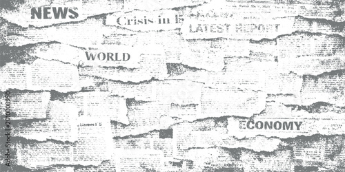 Canvastavla Distressed grunge newspaper collage background with torn paper texture monochrom