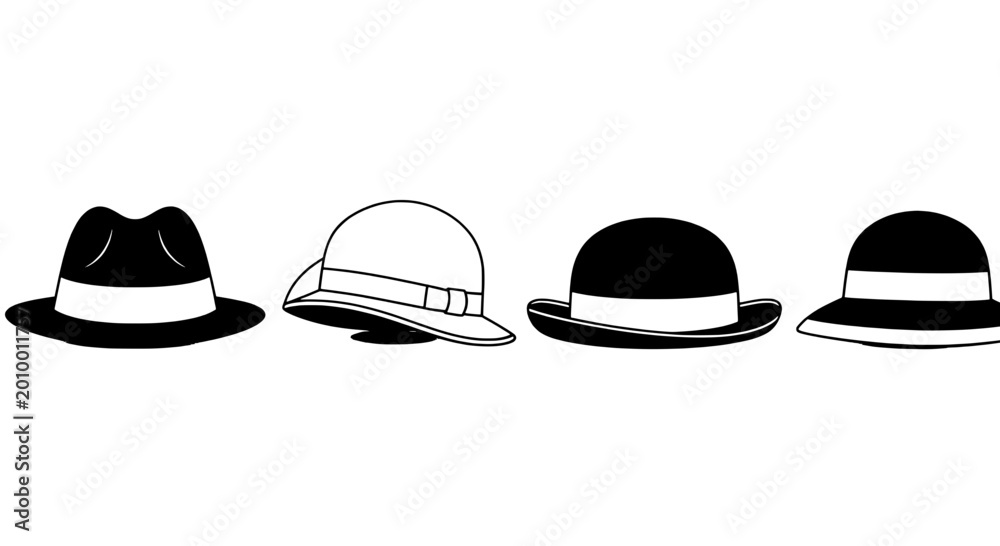 Fototapeta premium Hats icons illustration set with three fedora and straw styles, simple vector gear symbol for fashion design projects