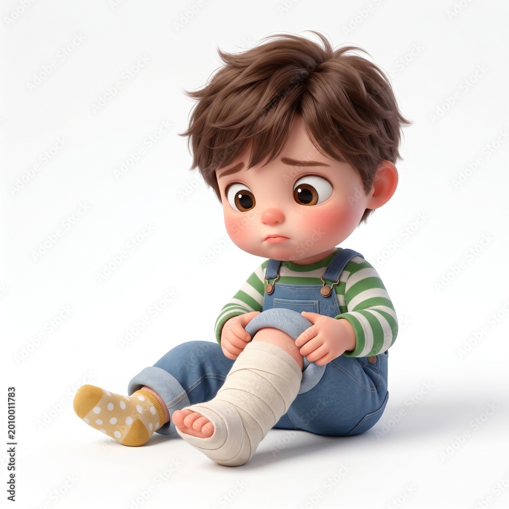 Naklejka premium Sad little boy with broken leg.