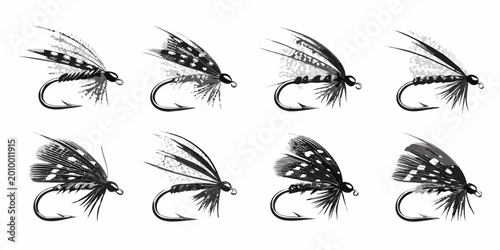 fishing flies collection monochrome watercolor style on white background