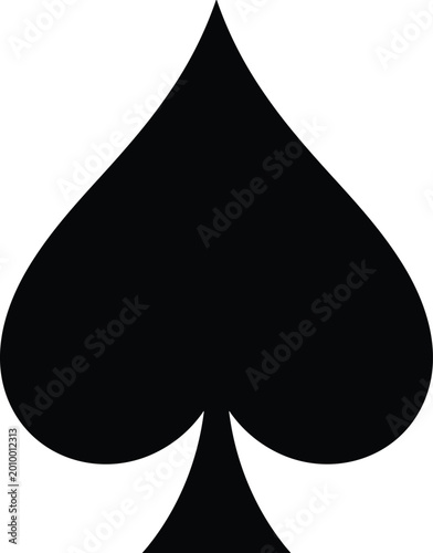 Black silhouette spade symbol illustration, bold vector design representing playing card suit, gambling, casino, entertainment, power, wisdom, action, abstract concept