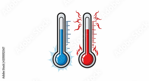 Two thermometers, one showing cold with blue liquid, the other hot with red liquid
