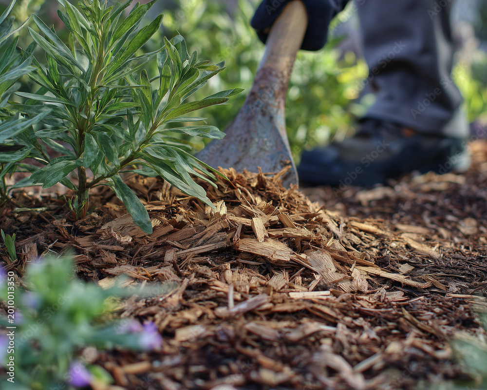 Fototapeta premium Spreading Mulch Around Plants to Retain Moisture Close-Up