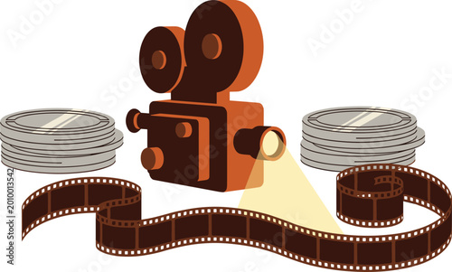 Vintage Film Camera Illustration with Film Reel and Spools for Movie, Media, and Entertainment Designs