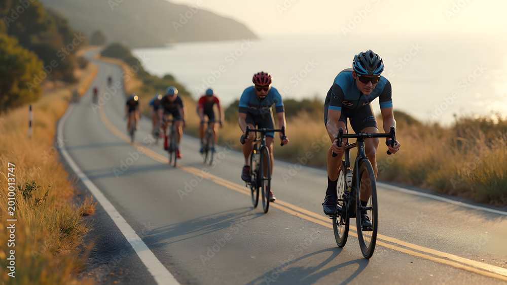 Obraz premium Cyclists racing on coastal roads. Vibrant colors of cycling gear and bikes. Aerodynamic techniques for speed. Best coastal cycling routes for enthusiasts.