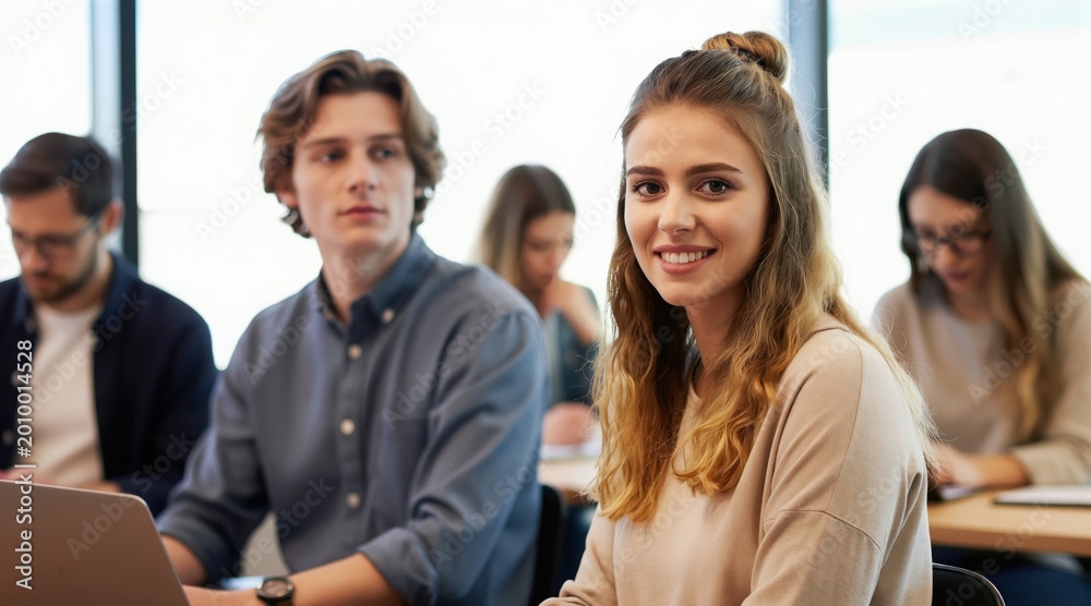 Obraz premium Students in classroom listen lecture. Young woman smiles at camera. Man studies laptop, others focus on teacher. Diverse learners attend educational lesson.