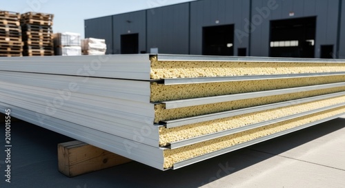 Stacked insulated panels lean on warehouse loading dock outdoors