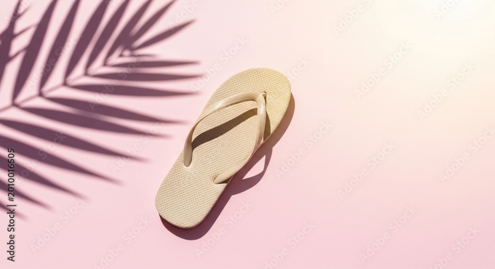 Fototapeta premium Beige flip flop sandal resting on pink striped surface with palm leaf shadow