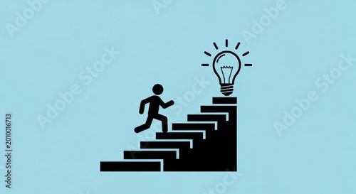 A person runs up stairs towards a shining light bulb idea inspiration