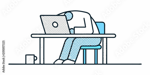 Photos tired person slumped over laptop line art illustration