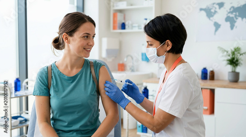 Female nurse giving a travel vaccine injection to a smiling woman. Immunization and preventative healthcare in a medical clinic. Vaccination for travelers concept