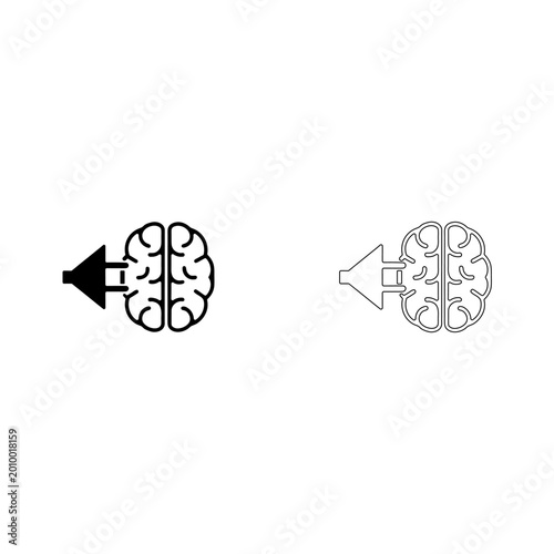 Minimalist vector graphic illustration featuring a brain icon connected to an electrical plug symbol representing creative energy and modern conceptual thinking for diverse digital interface designs