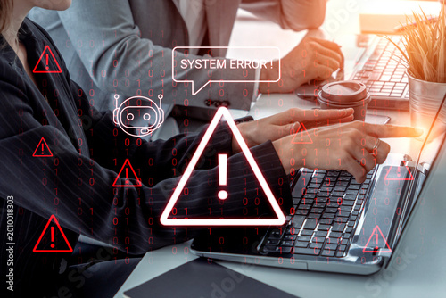 Photography Professionals collaborate to resolve a system error while using laptops, with digital elements highlighting technical challenges and emphasizing problem-solving in business environments