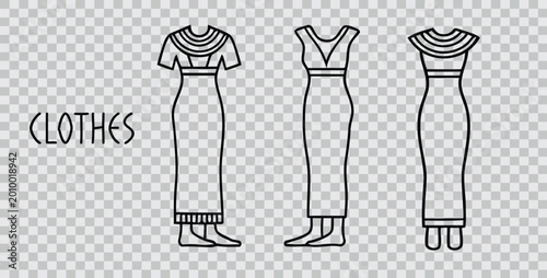 Different clothing designs featuring dresses with unique necklines and styles displayed in a clear and simple line art format