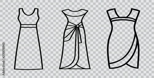 Line art illustrations of three elegant dress designs showcasing different styles and silhouettes in a minimalist format