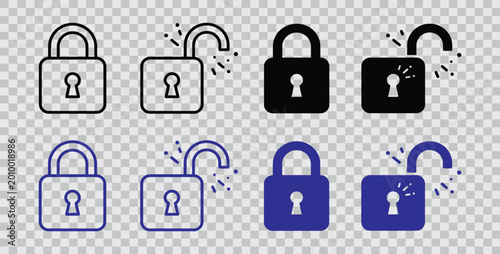 A collection of various padlock designs showing locked and unlocked states in different colors and styles