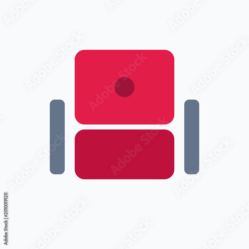 A minimalist red stadium seat icon with grey armrests for a sports venue seating illustration