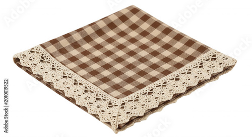 Folded square napkin with a brown and white gingham checkered pattern and a decorative cream-colored crochet lace border edge