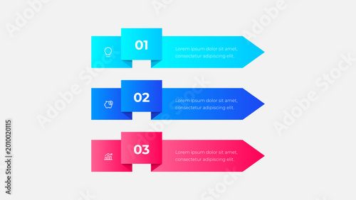 Business process infographic template with 3 steps. Modern gradient style horizontal arrow timeline vector design