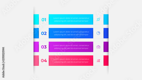 Business process infographic template with 4 steps. Modern gradient style horizontal list workflow vector design