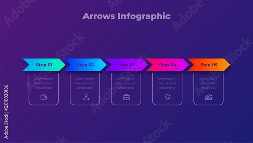 Timeline chart presentation slide with 5 steps. Colorful chevron arrows on a dark purple background, modern gradient design