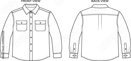 Slika na platnu Men Long Sleeve Button Down Shirt Technical Drawing with Front and Back Views Fe