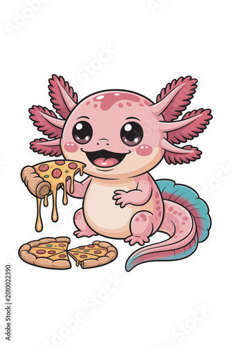 Cute axolotl cartoon character holding a slice of pizza colorful vector illustration with white background high-quality professional detailed modern elegant stylish clean.