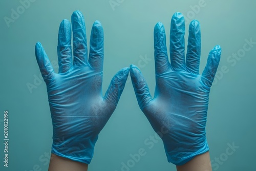 Pair of hands wearing blue latex gloves facing each other against a solid colored background