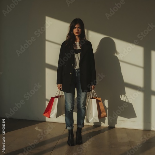 Woman with shopping bags standing in sunlit room