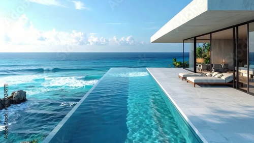 Luxury modern villa with infinity pool overlooking the turquoise ocean at sunset upscale travel