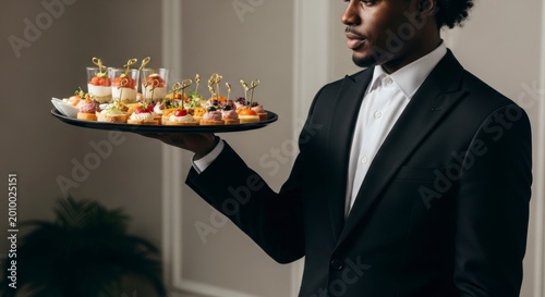 Sophisticated Service - Dapper Waiter Presents a Tray of Exquisite Hors dOeuvres.