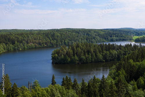 Aerial view of Lake Aulangonjarvi and forest from observation tower in Aulanko Nature Reserve, Hameenlinna, Finland. Panoramic summer landscape with dense pine forest and calm blue lake clear sky
