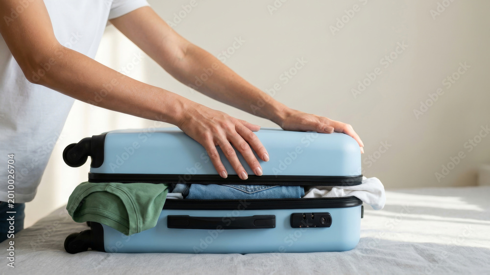 Fototapeta premium Messy travel luggage suitcase packing struggle busy bedroom home. Messy travel luggage packing suitcase baggage journey trip clothes vacation preparation