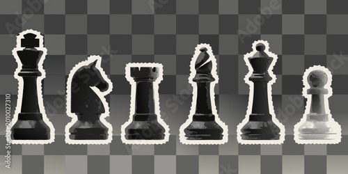 Tableau sur toile Chess pieces lineup black and white silhouettes on checkered background