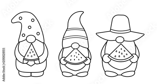 Summer Gnome Holding Watermelon Outline Coloring Page Set.
Cute Summer Gnome with Watermelon Line Art  Bundle.
Printable Summer Gnome Watermelon Coloring Sheet Collection.
For Kids.