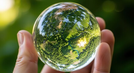 hand holding crystal ball reflecting green forest in golden sunlight for earth day