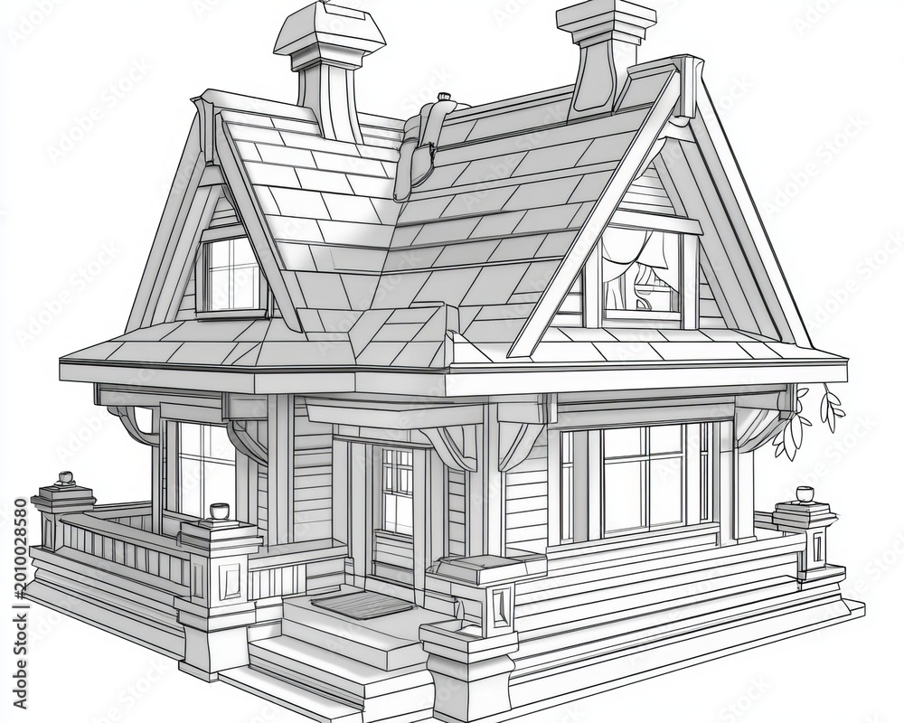 Fototapeta premium Charming Cottage Illustration Detailed Black Outline Cartoon House with Slate Roof and Cozy Porch