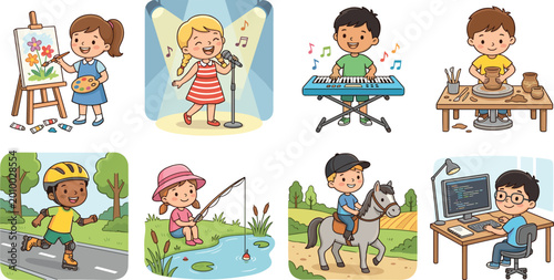 Photos Diverse set of hand drawn vector illustrations featuring happy children engaged in various hobbies like painting singing music pottery skating fishing horse riding and coding